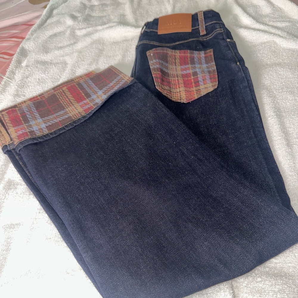 Classic Blue Jeans with Plaid Accents